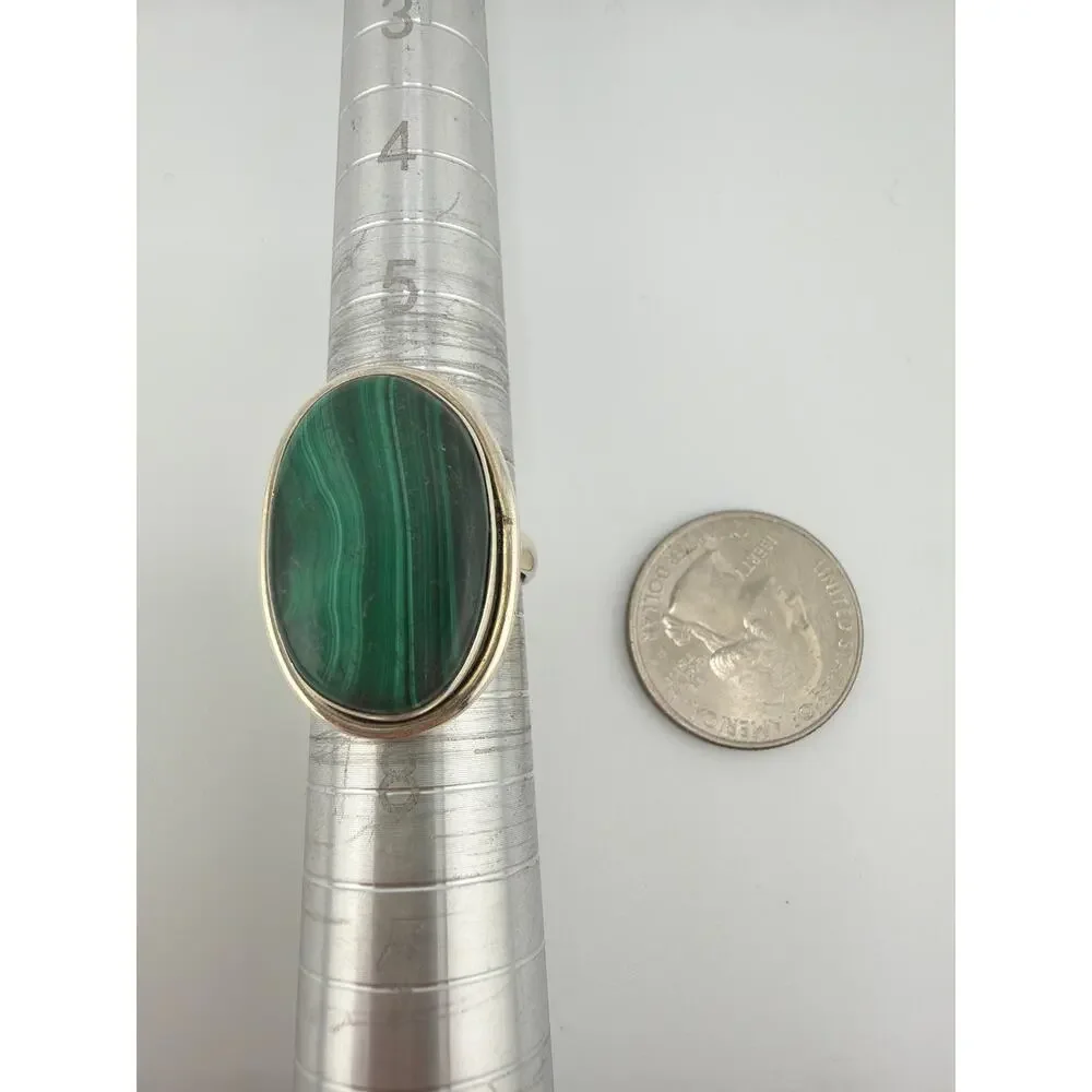 Large Oval Malachite 925 Sterling Silver Statement Ring Size 7